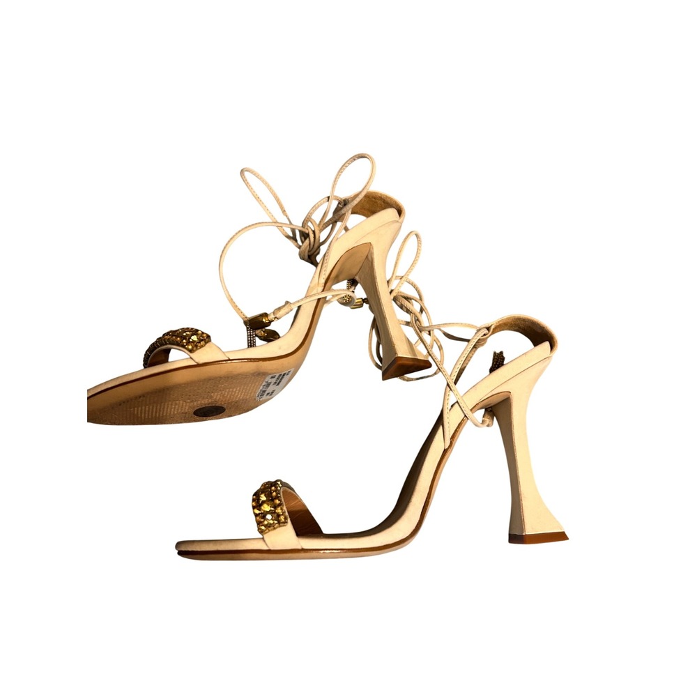 Schutz Bellin Sandals Women 10 Eggshell White Good Crystal Lace Up Flare Heel